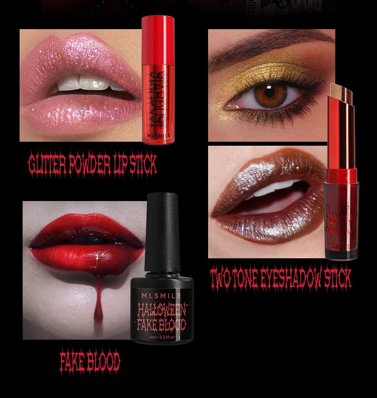 Halloween Makeup Set Glitter Lip Glaze Fake Blood Wearing Armor 4pcs/set Festive Set Trick or Treat Cosmetics Makeup For Women