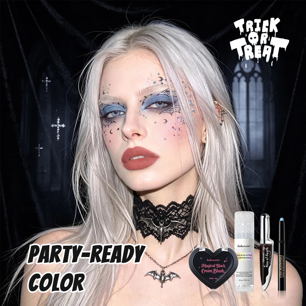 Halloween Gothic Makeup Set 5pcs Lip Stain Dark Cream Blush Eyeshadow Stick Glitter Eyeliner with Bag Cosplay Party Face Body