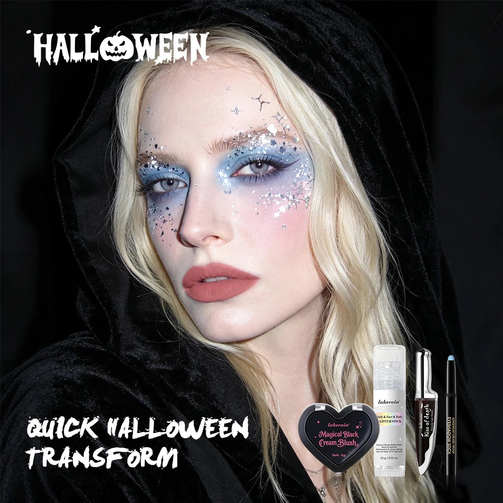 Halloween Gothic Makeup Set 5pcs Lip Stain Dark Cream Blush Eyeshadow Stick Glitter Eyeliner with Bag Cosplay Party Face Body