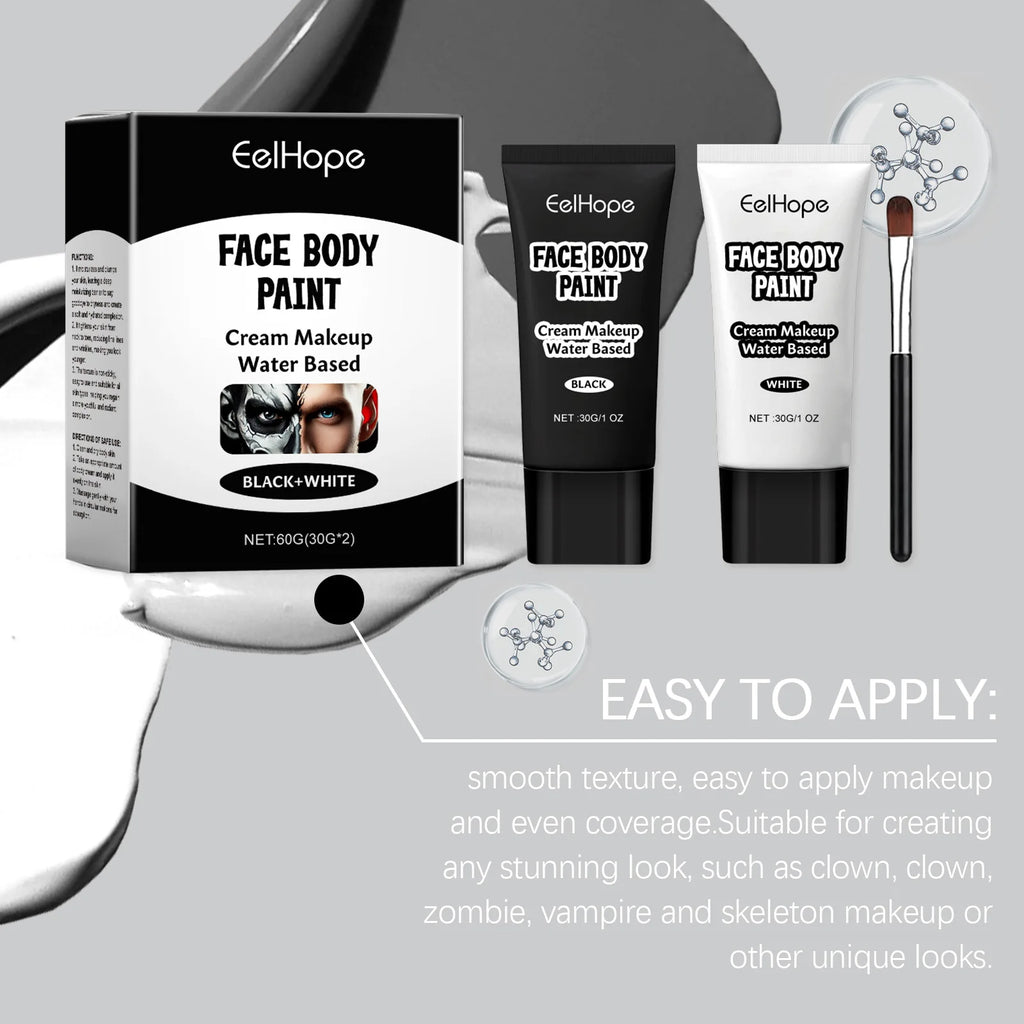 Halloween Makeup Face Body Paint With Brush Long Lasting High Coverage Mild Gentle Skin‑Friendly Halloween Skeleton Zombie