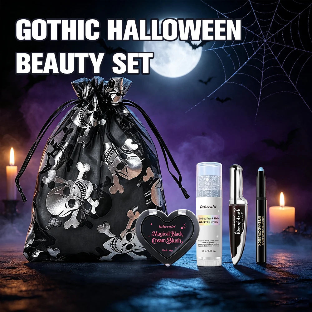 Halloween Gothic Makeup Set 5pcs Lip Stain Dark Cream Blush Eyeshadow Stick Glitter Eyeliner with Bag Cosplay Party Face Body