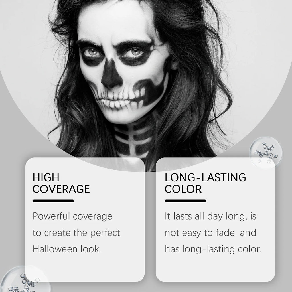Halloween Makeup Face Body Paint With Brush Long Lasting High Coverage Mild Gentle Skin‑Friendly Halloween Skeleton Zombie