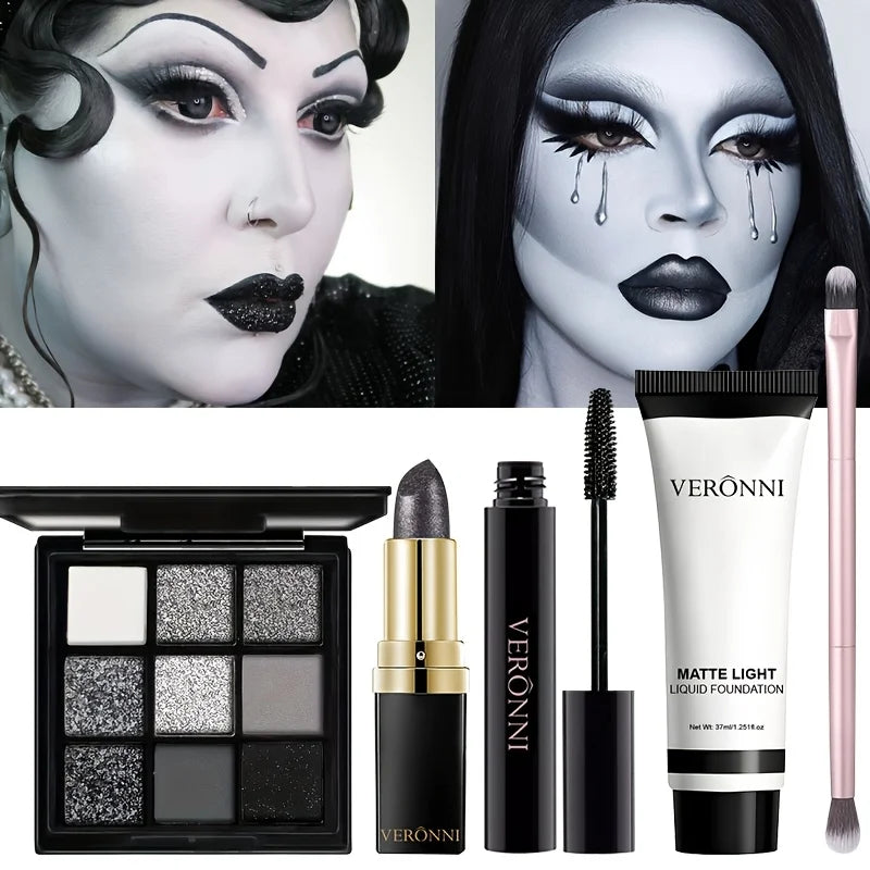 5pcs Halloween Dark Special Effects Makeup Set, White Foundation Black Eyeshadow Black Lipstick Mascara & Makeup Brush for Party