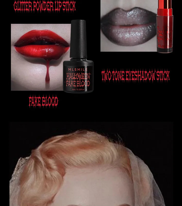 Halloween Makeup Set Glitter Lip Glaze Fake Blood Wearing Armor 4pcs/set Festive Set Trick or Treat Cosmetics Makeup For Women