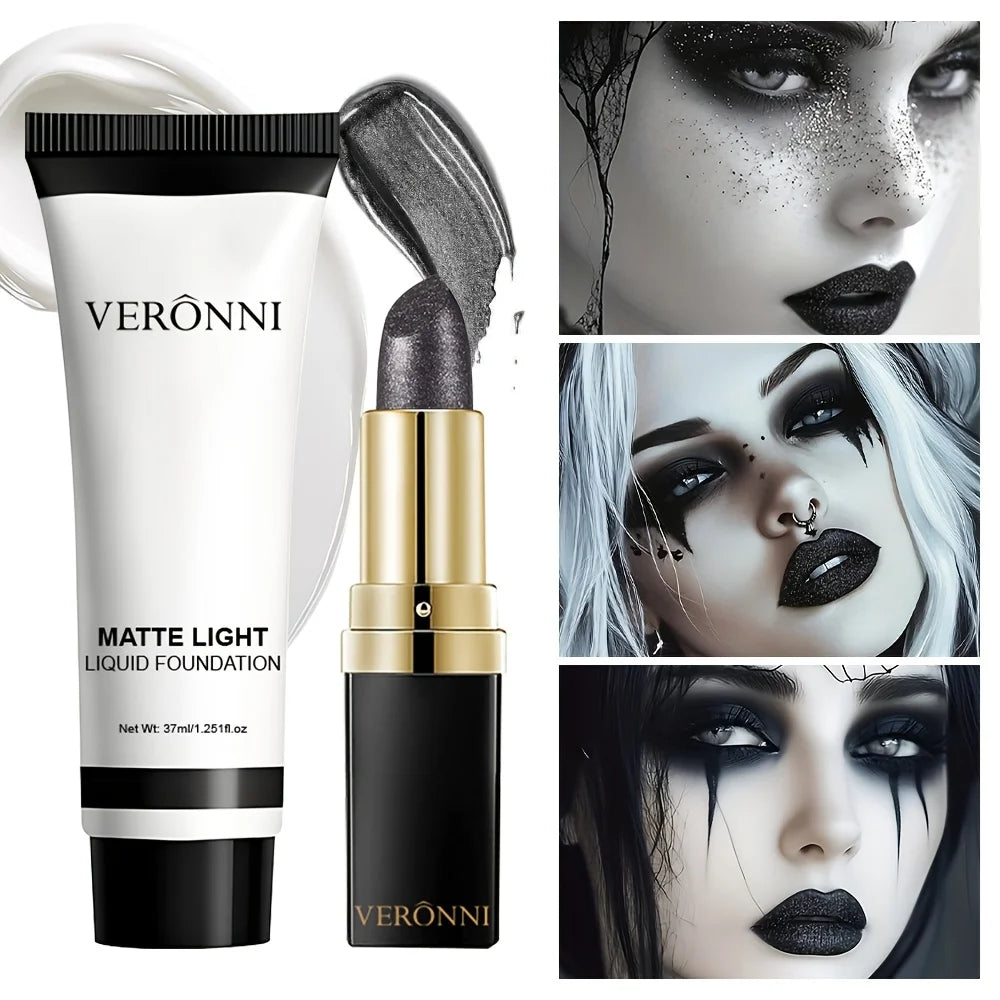5pcs Halloween Dark Special Effects Makeup Set, White Foundation Black Eyeshadow Black Lipstick Mascara & Makeup Brush for Party