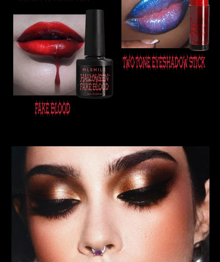 Halloween Makeup Set Glitter Lip Glaze Fake Blood Wearing Armor 4pcs/set Festive Set Trick or Treat Cosmetics Makeup For Women