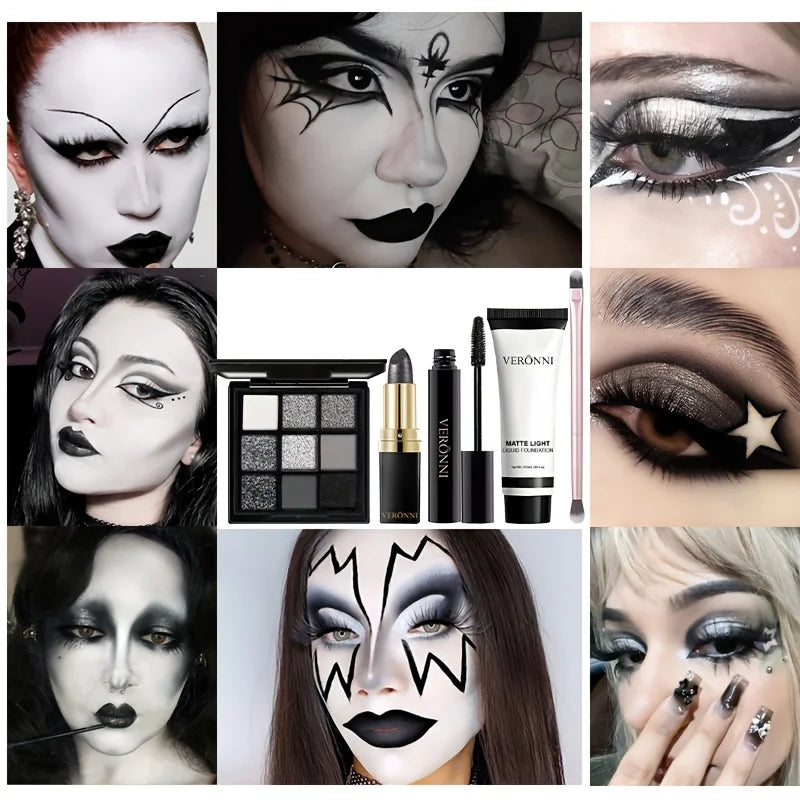 5pcs Halloween Dark Special Effects Makeup Set, White Foundation Black Eyeshadow Black Lipstick Mascara & Makeup Brush for Party
