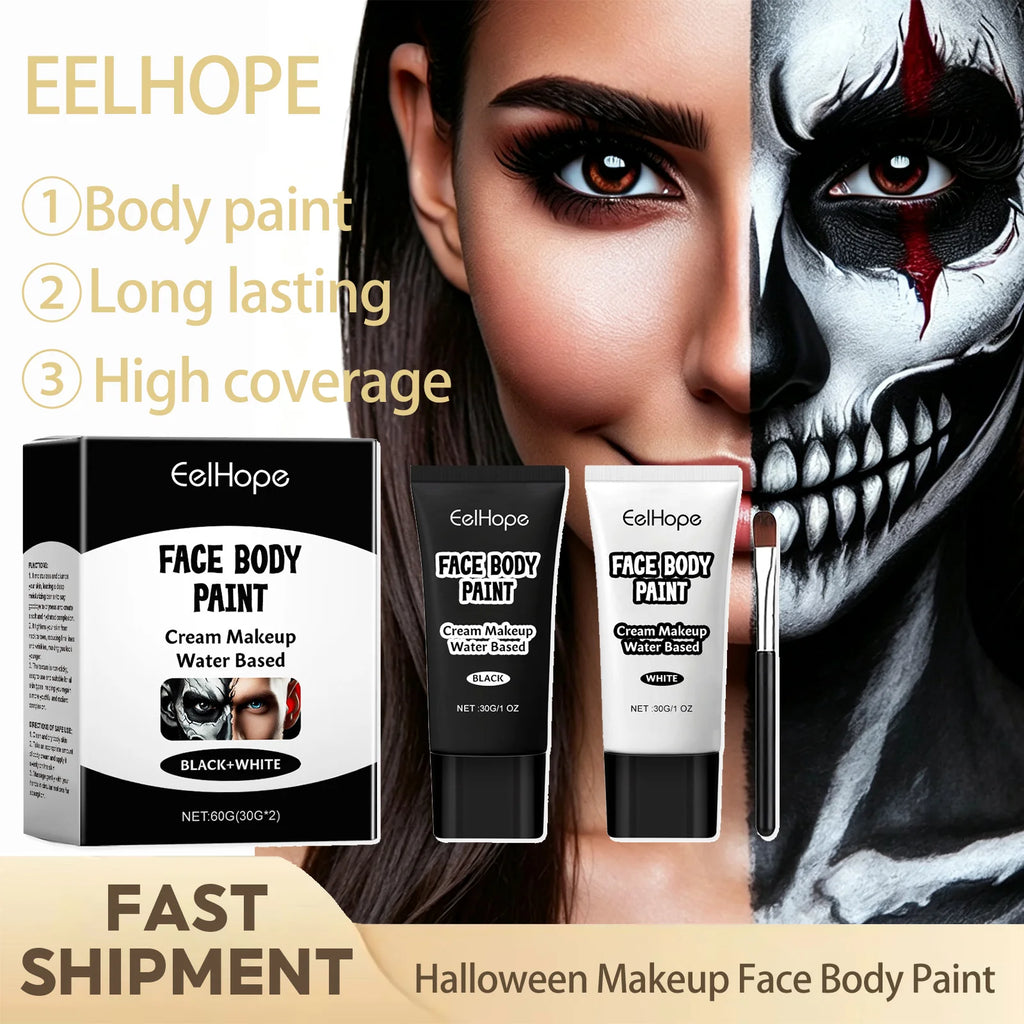 Halloween Makeup Face Body Paint With Brush Long Lasting High Coverage Mild Gentle Skin‑Friendly Halloween Skeleton Zombie