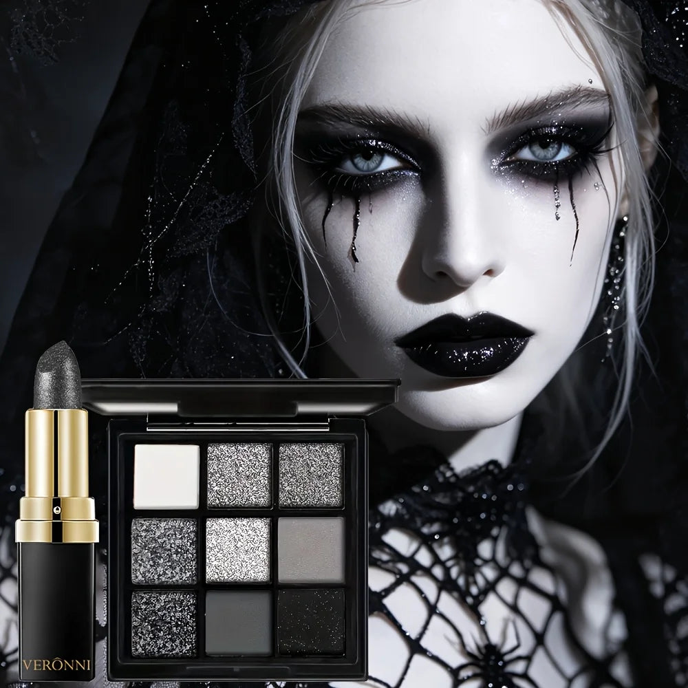 5pcs Halloween Dark Special Effects Makeup Set, White Foundation Black Eyeshadow Black Lipstick Mascara & Makeup Brush for Party