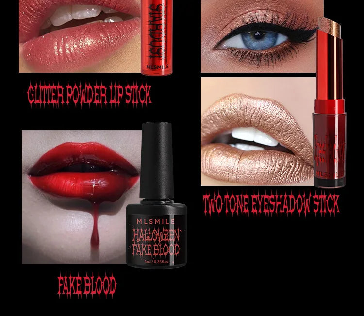 Halloween Makeup Set Glitter Lip Glaze Fake Blood Wearing Armor 4pcs/set Festive Set Trick or Treat Cosmetics Makeup For Women