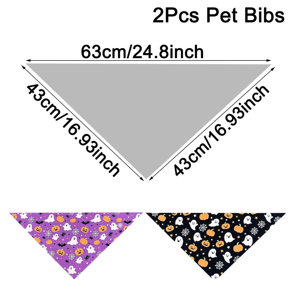 2pcs Halloween Pet Bandanas 63x43cm Ghost Pumpkin Print Triangle Scarf Peach Skin Fabric Pet Neckerchief Halloween Dog Costume