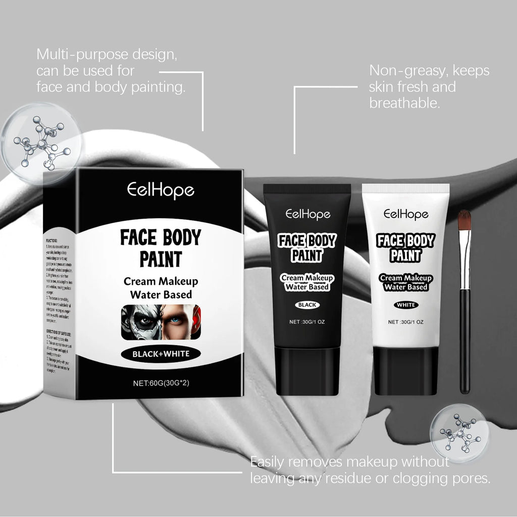 Halloween Makeup Face Body Paint With Brush Long Lasting High Coverage Mild Gentle Skin‑Friendly Halloween Skeleton Zombie