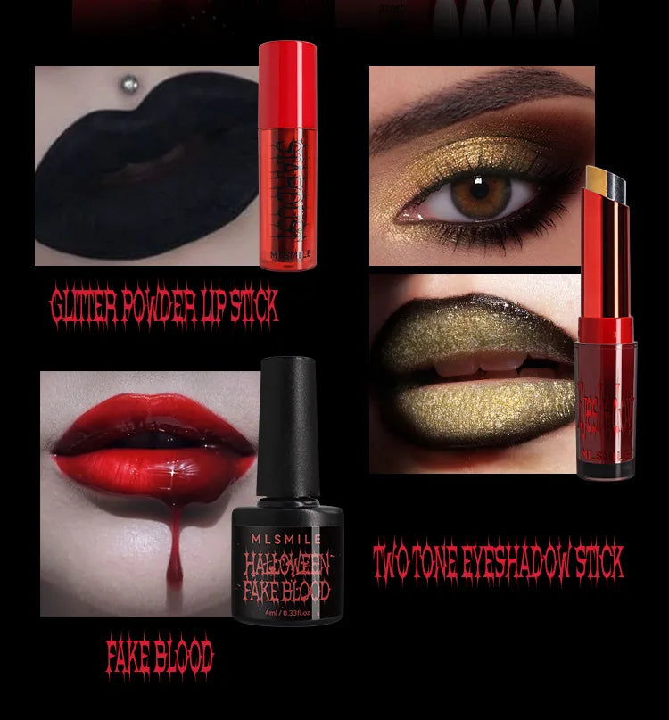 Halloween Makeup Set Glitter Lip Glaze Fake Blood Wearing Armor 4pcs/set Festive Set Trick or Treat Cosmetics Makeup For Women