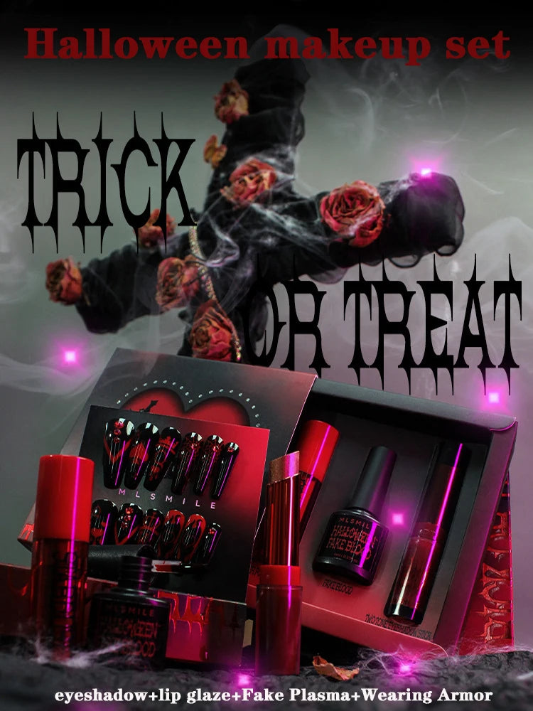 Halloween Makeup Set Glitter Lip Glaze Fake Blood Wearing Armor 4pcs/set Festive Set Trick or Treat Cosmetics Makeup For Women