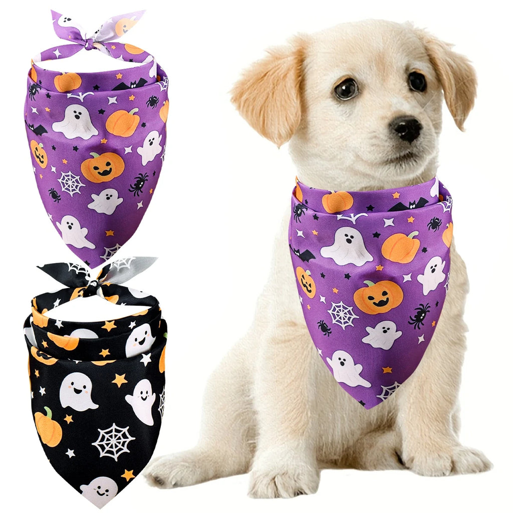 2pcs Halloween Pet Bandanas 63x43cm Ghost Pumpkin Print Triangle Scarf Peach Skin Fabric Pet Neckerchief Halloween Dog Costume
