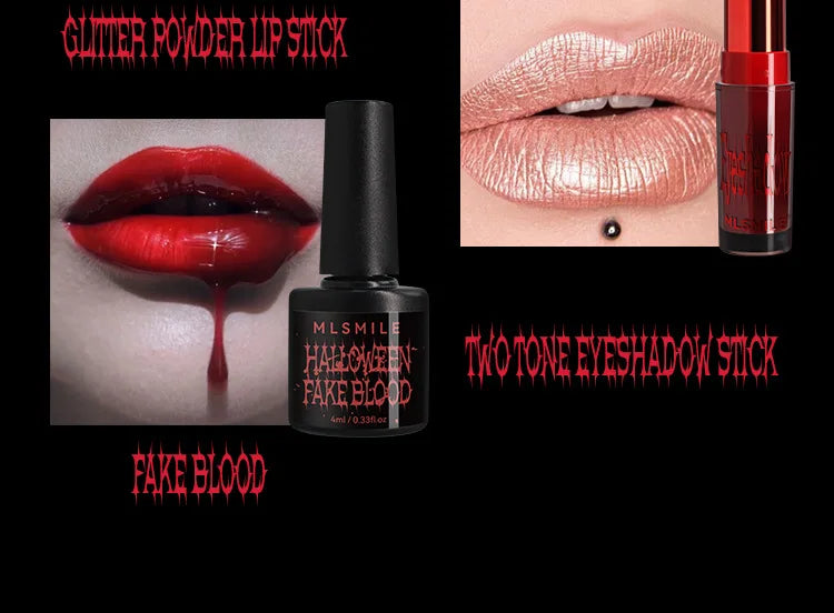 Halloween Makeup Set Glitter Lip Glaze Fake Blood Wearing Armor 4pcs/set Festive Set Trick or Treat Cosmetics Makeup For Women