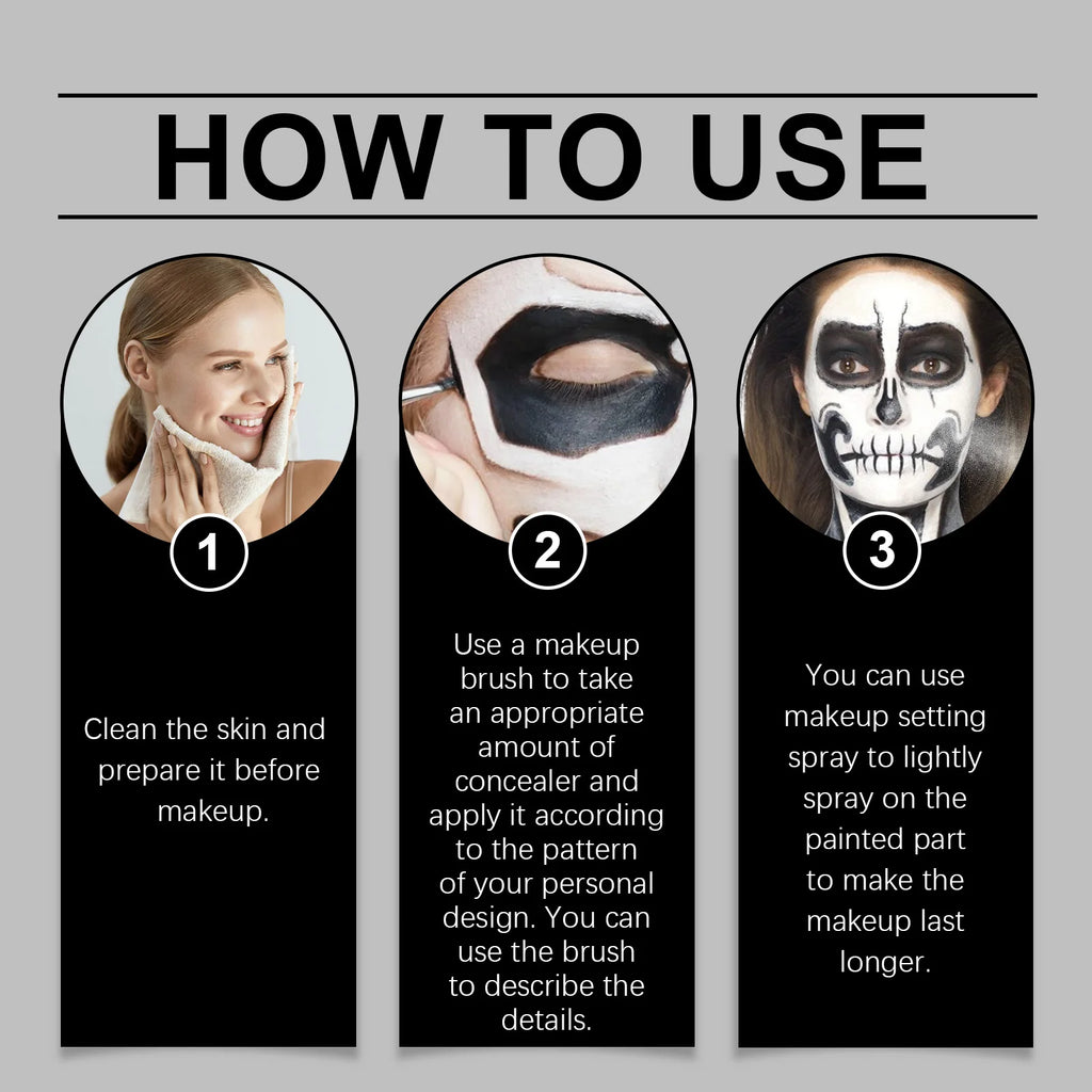 Halloween Black White Makeup Face Body Paint Special Effect Christmas Cosplay Party Supply Full Coverage Lighweight Foundation