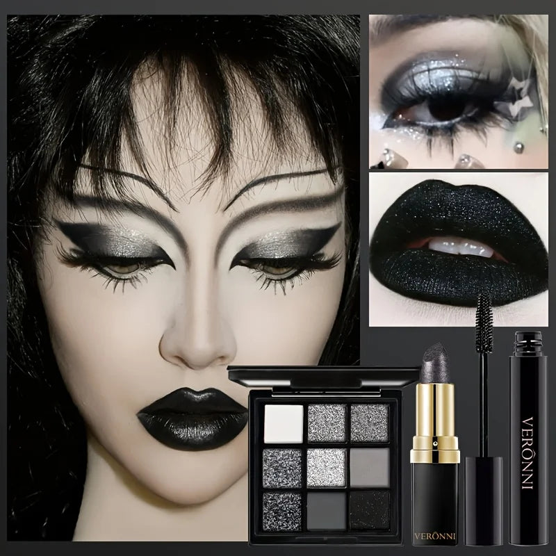 5pcs Halloween Dark Special Effects Makeup Set, White Foundation Black Eyeshadow Black Lipstick Mascara & Makeup Brush for Party