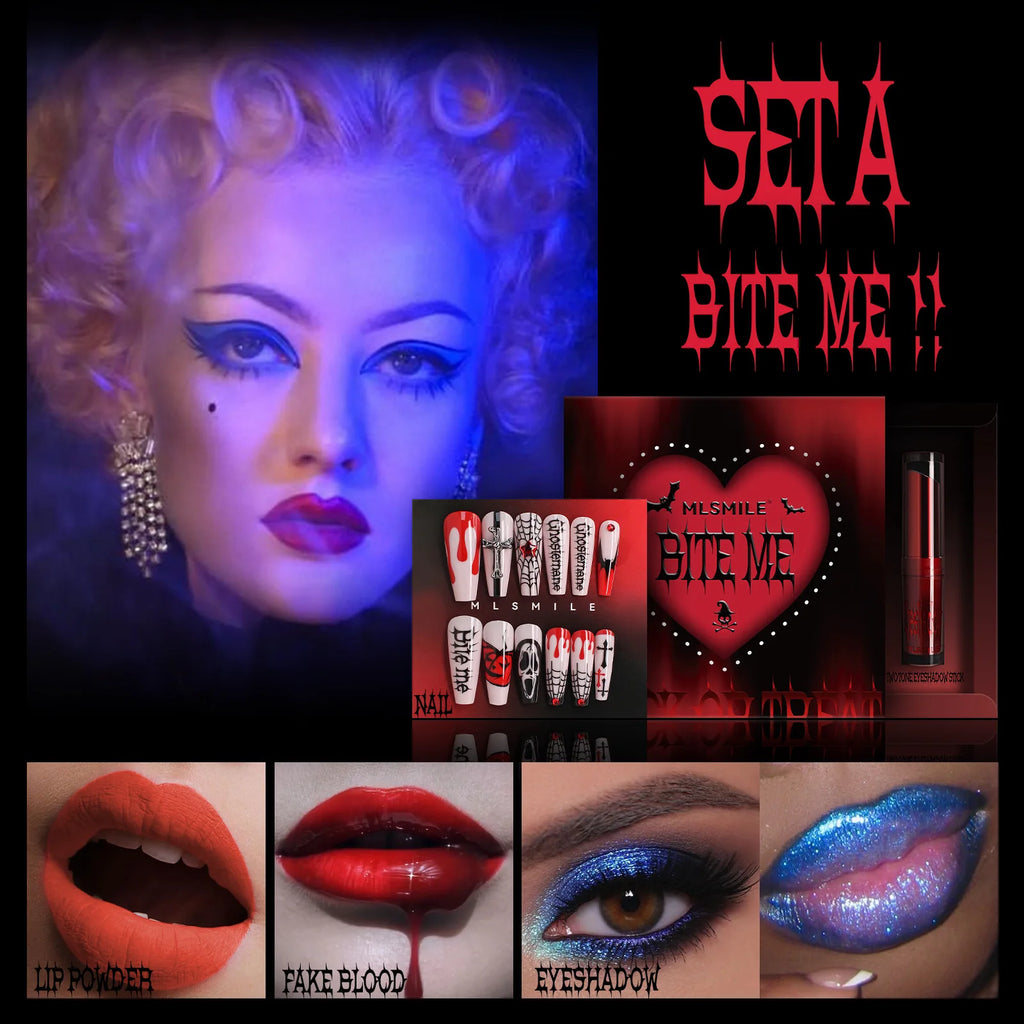 Halloween Makeup Set Glitter Lip Glaze Fake Blood Wearing Armor 4pcs/set Festive Set Trick or Treat Cosmetics Makeup For Women